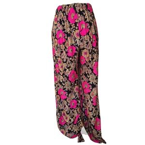 Vtg 70s Vibrant Floral Wide Leg Palazzo Pants Black Pink Yellow Boho Lounge‎